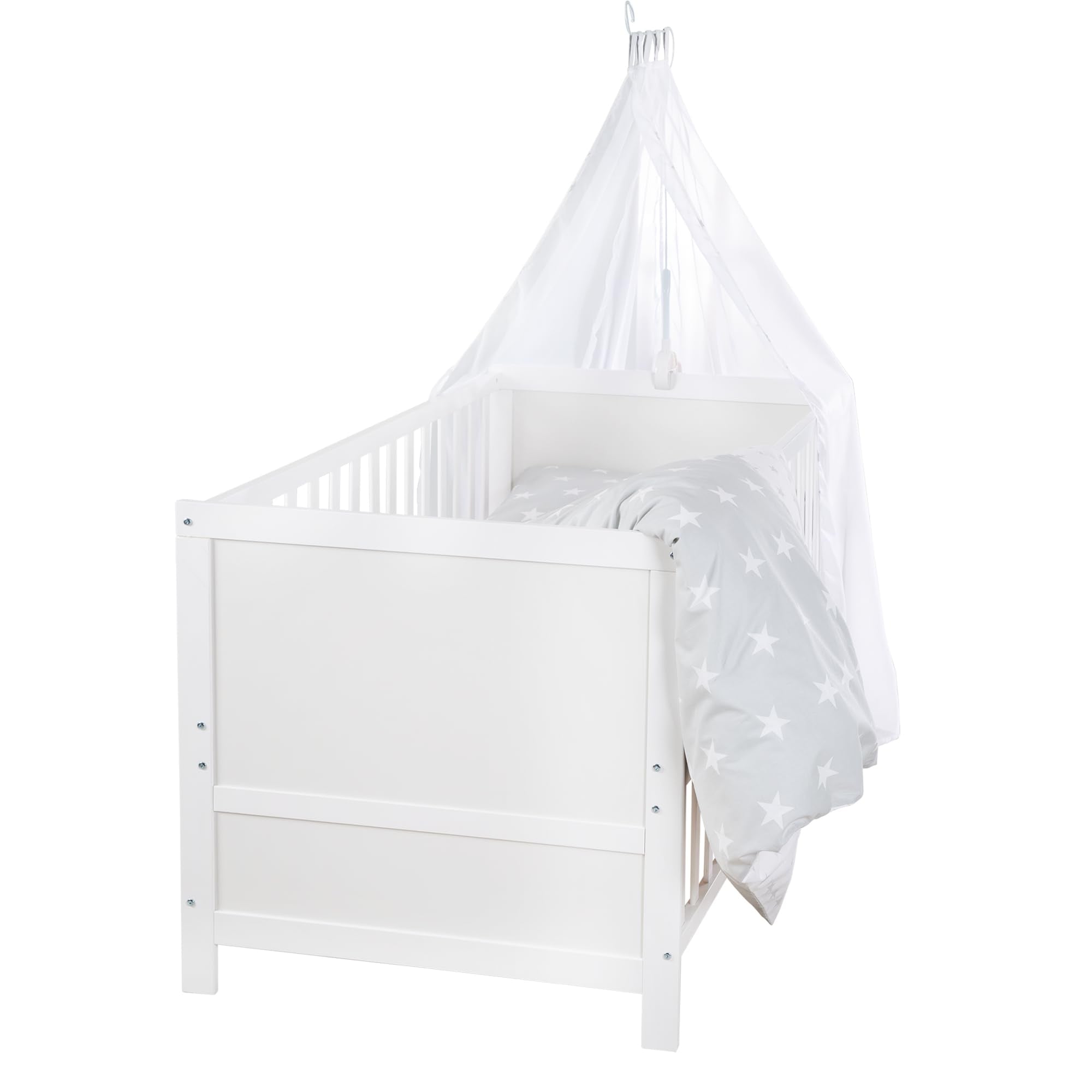 roba Babybett Set Little Stars - 70 x 140 cm - Kinderbett mitwachsend / umbaubar + komplette Textilien im Sterne Design - Höhenverstellbar - Holz weiß