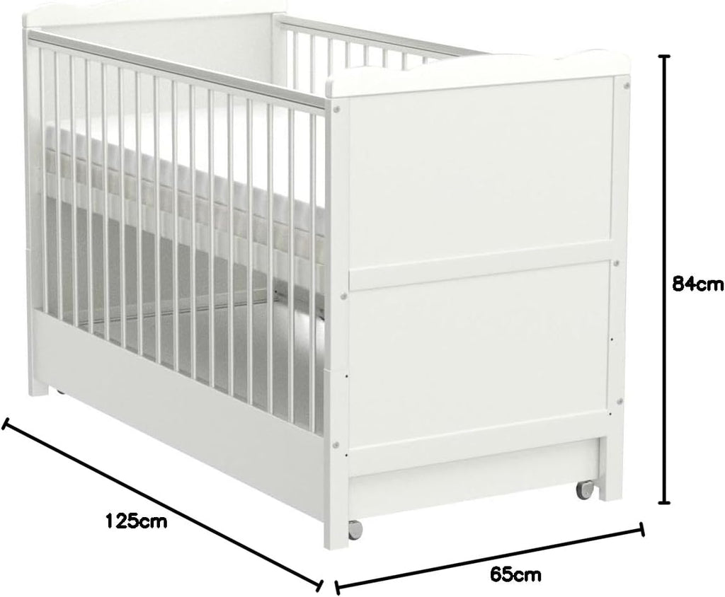 Marsell Baby Gitterbett mit Schublade mit Deckel Babybett Kinderbett mit Aloe Vera Schaumstoffmatratze Zahnschienen höhenverstellbar Weiß umbaubar zum Juniorbett
