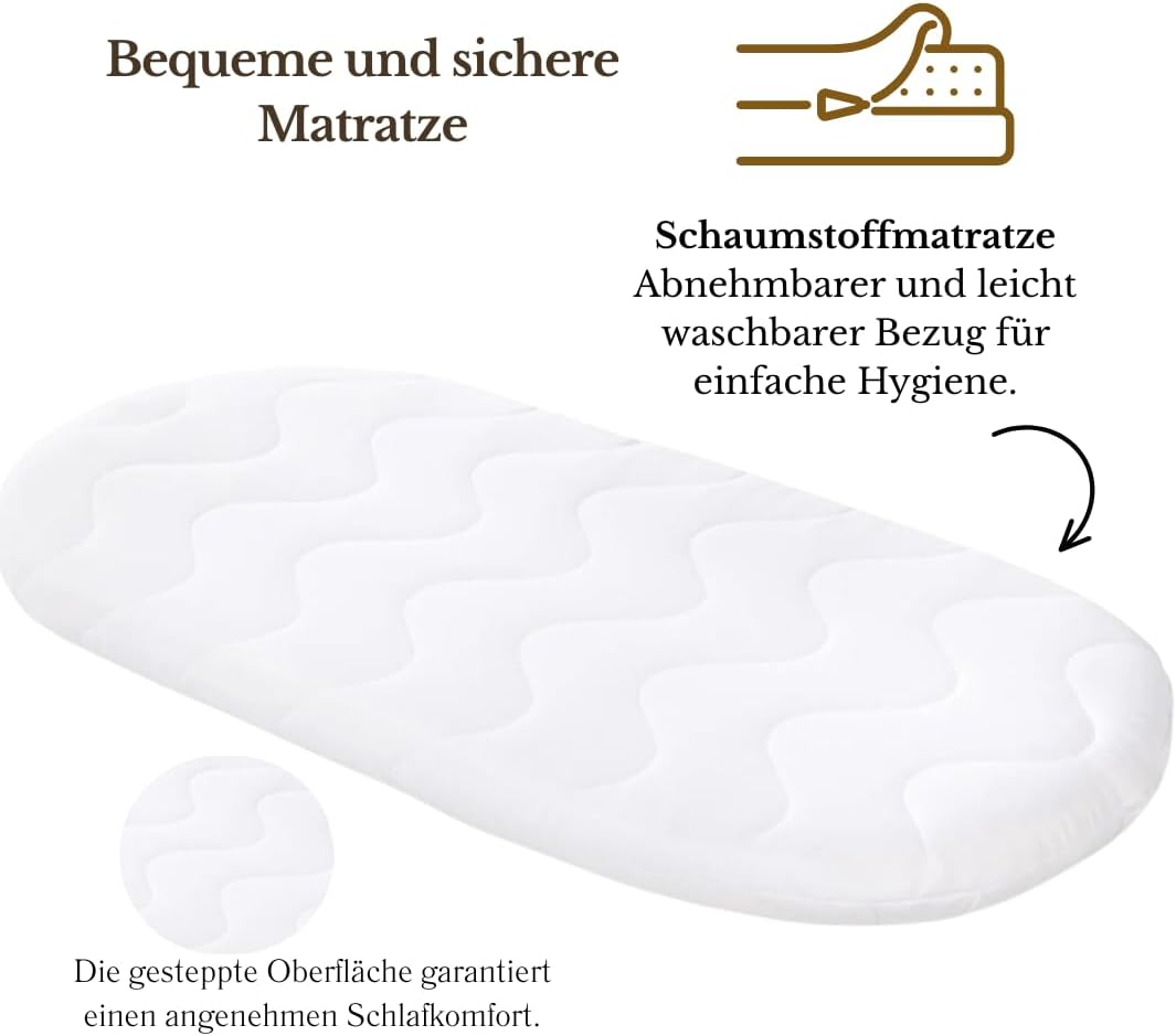 Stubenwagen Baby mit Rollen & Bremse – Moseskorb aus Naturweide inkl. Matratze & Beige Bettwäsche aus 100% Baumwolle – sicher & mobil – Modell Amelia