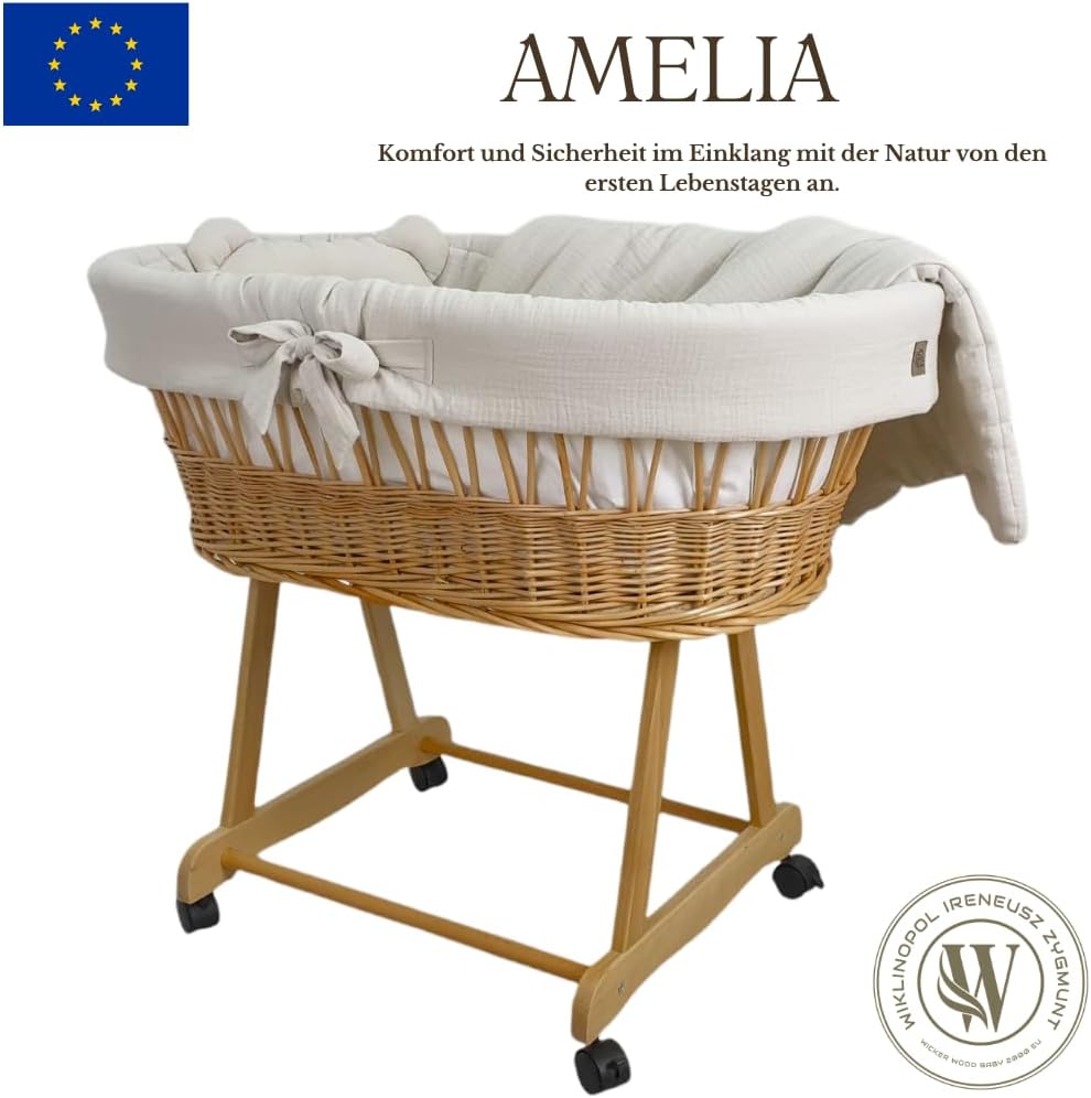 Stubenwagen Baby mit Rollen & Bremse – Moseskorb aus Naturweide inkl. Matratze & Beige Bettwäsche aus 100% Baumwolle – sicher & mobil – Modell Amelia