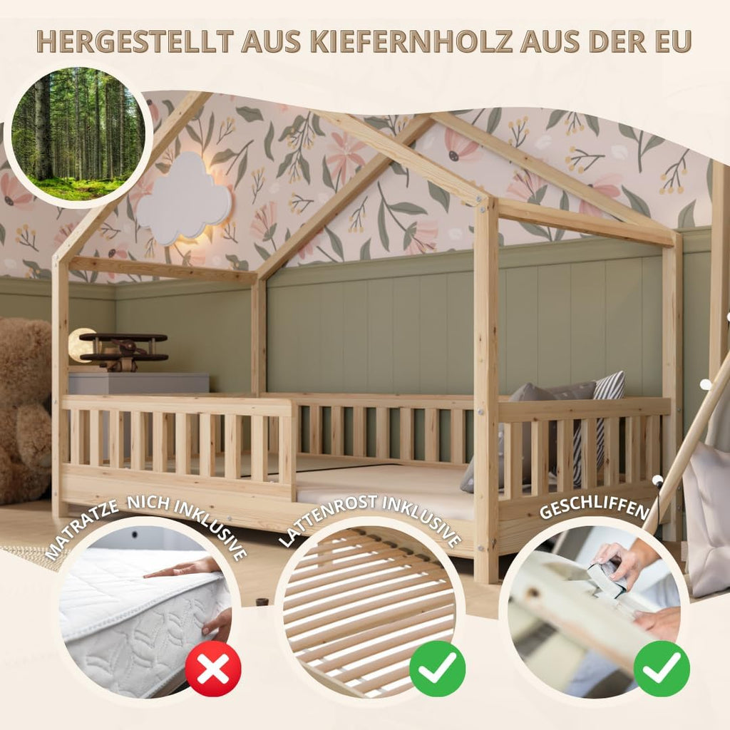 Hausbett 120x200 cm – Kinderbett aus Naturholz mit Rausfallschutz – Montessori Bodenbett mit Höhenverstellbaren Beinen und Abnehmbarer Barriere - Crazy House