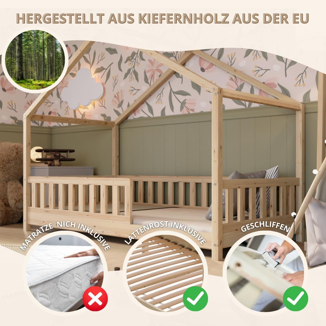 Hausbett 120x200 cm – Kinderbett aus Naturholz mit Rausfallschutz – Montessori Bodenbett mit Höhenverstellbaren Beinen und Abnehmbarer Barriere - Crazy House