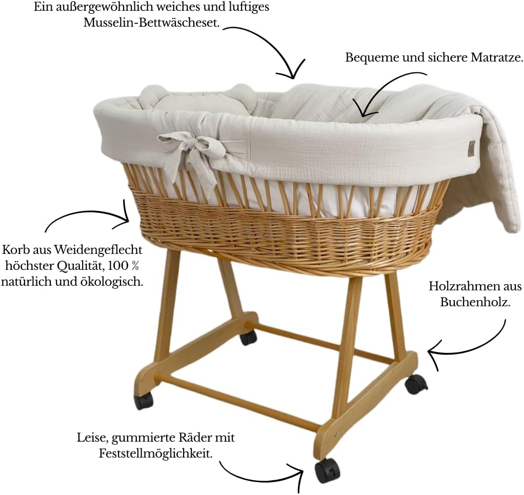 Stubenwagen Baby mit Rollen & Bremse – Moseskorb aus Naturweide inkl. Matratze & Beige Bettwäsche aus 100% Baumwolle – sicher & mobil – Modell Amelia