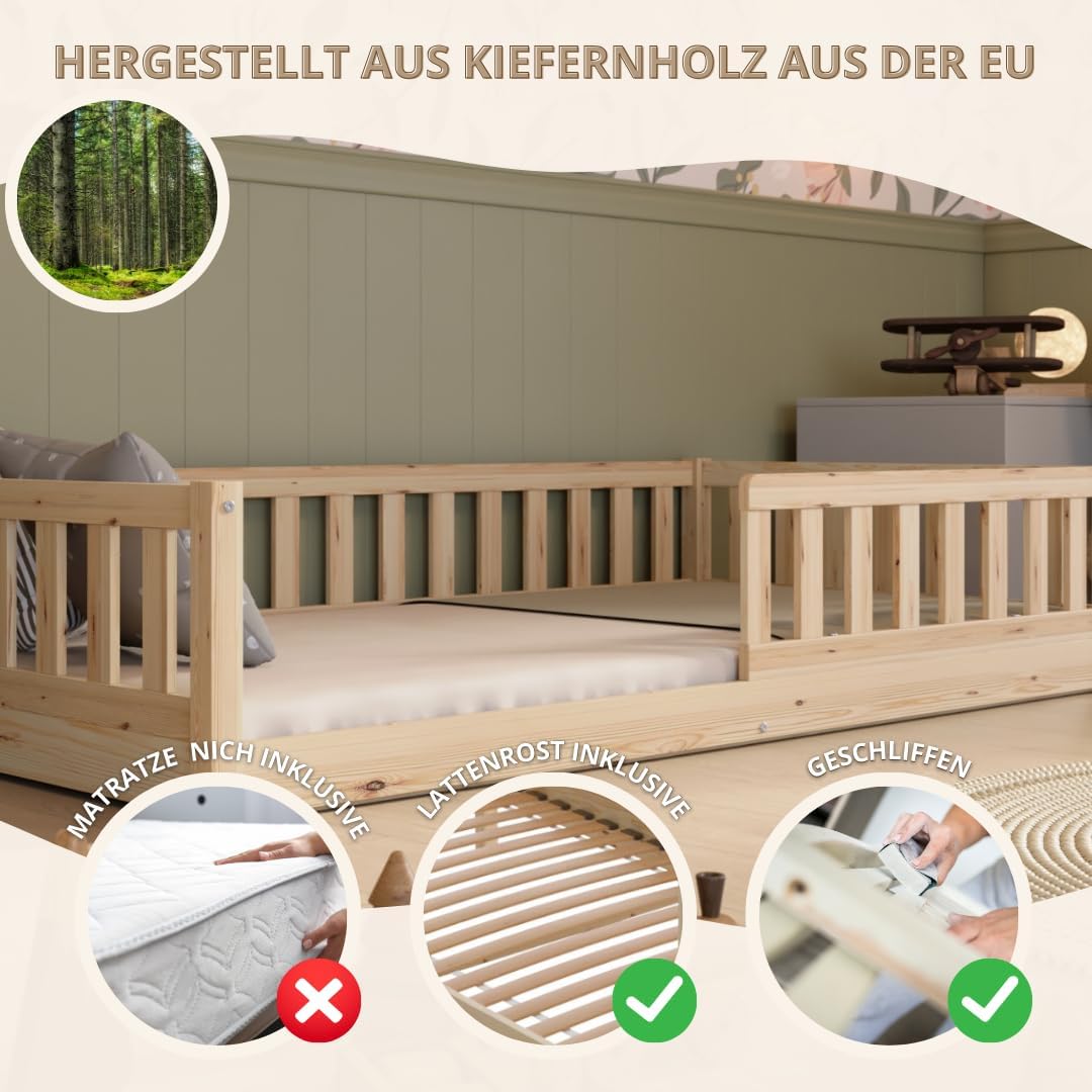 Kinderbett 140x200 cm – Massives Montessori Bodenbett aus Holz mit Rausfallschutz – Sicheres Kleinkindbett – Skandinavisches Design, Leichte Montage - Crazy Basic