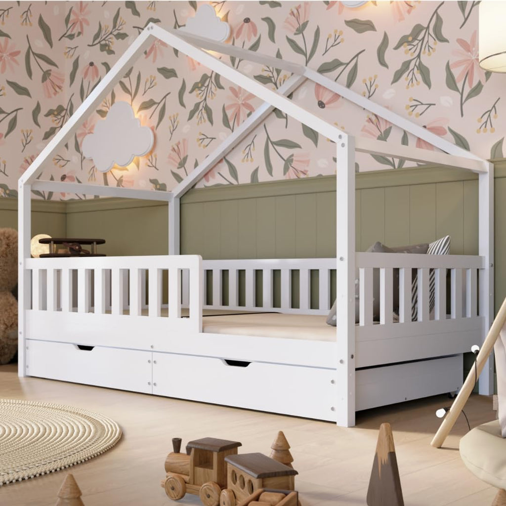 Hausbett 120x200 cm – Kinderbett aus Naturholz mit Rausfallschutz – Montessori Bodenbett mit Höhenverstellbaren Beinen und Abnehmbarer Barriere - Crazy House