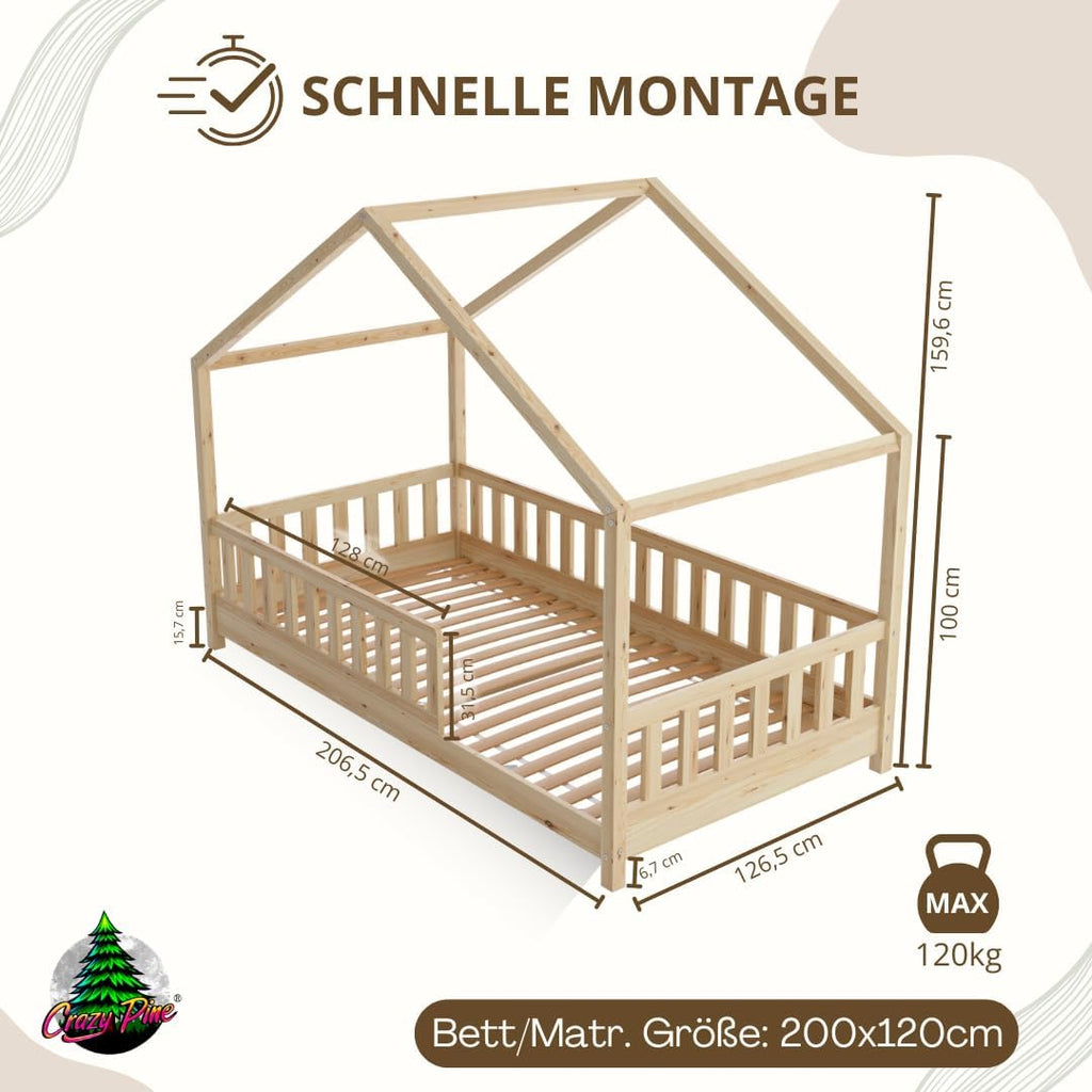 Hausbett 120x200 cm – Kinderbett aus Naturholz mit Rausfallschutz – Montessori Bodenbett mit Höhenverstellbaren Beinen und Abnehmbarer Barriere - Crazy House