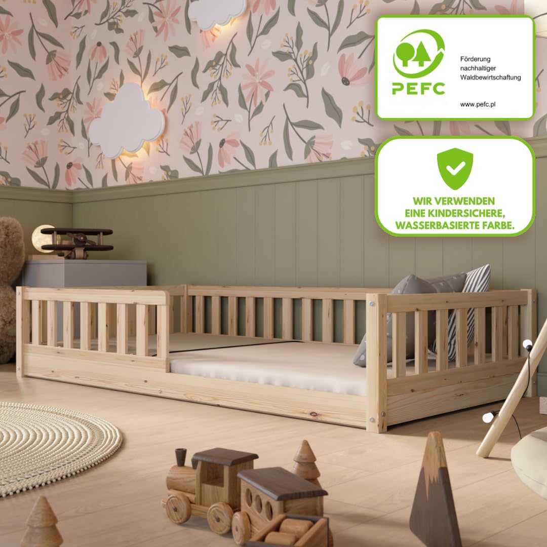 Kinderbett 140x200 cm – Massives Montessori Bodenbett aus Holz mit Rausfallschutz – Sicheres Kleinkindbett – Skandinavisches Design, Leichte Montage - Crazy Basic