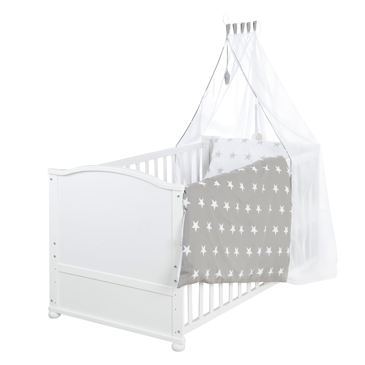 roba Babybett Set Little Stars - 70 x 140 cm - Kinderbett mitwachsend / umbaubar + komplette Textilien im Sterne Design - Höhenverstellbar - Holz weiß