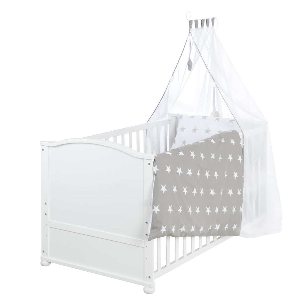roba Babybett Set Little Stars - 70 x 140 cm - Kinderbett mitwachsend / umbaubar + komplette Textilien im Sterne Design - Höhenverstellbar - Holz weiß