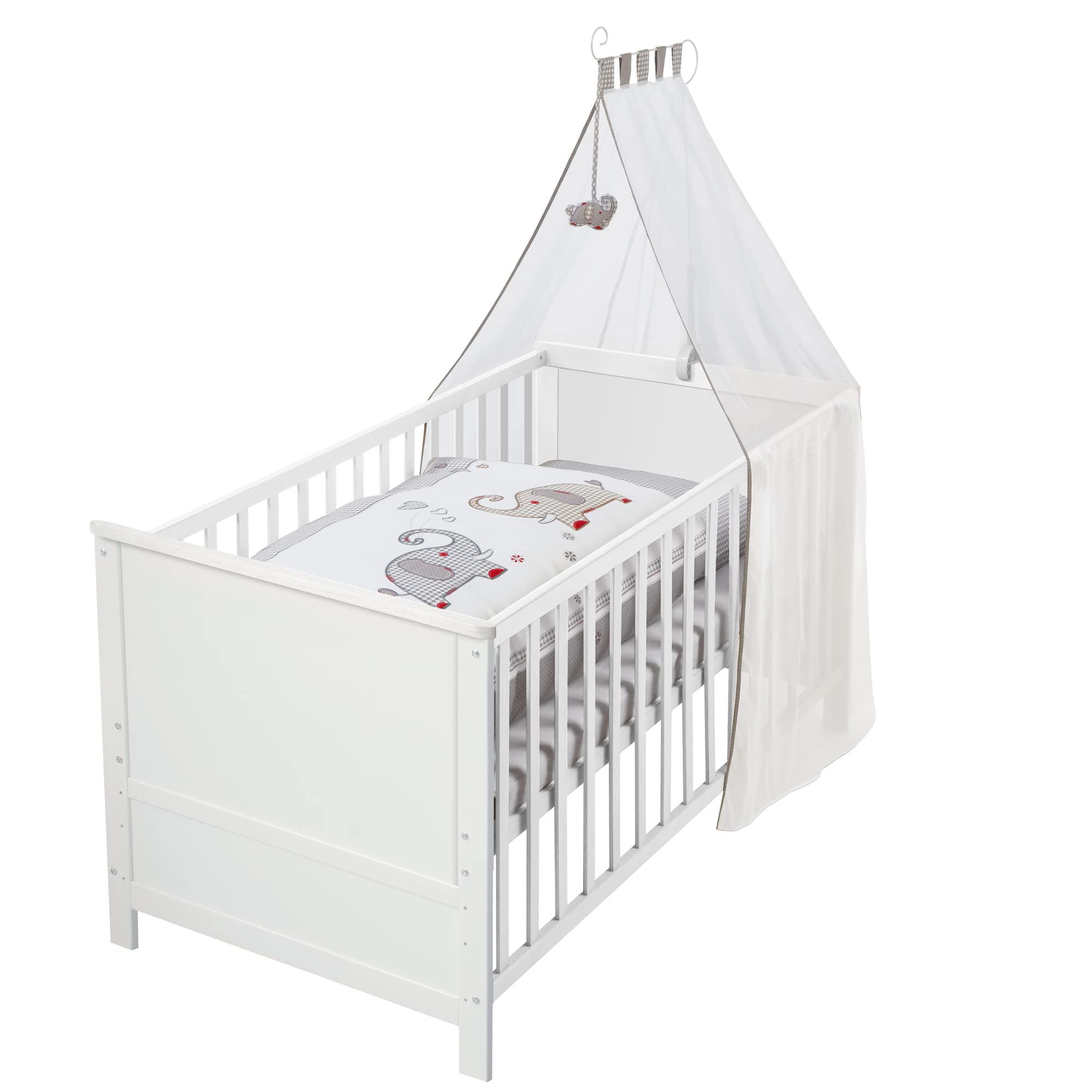 roba Babybett Set Little Stars - 70 x 140 cm - Kinderbett mitwachsend / umbaubar + komplette Textilien im Sterne Design - Höhenverstellbar - Holz weiß