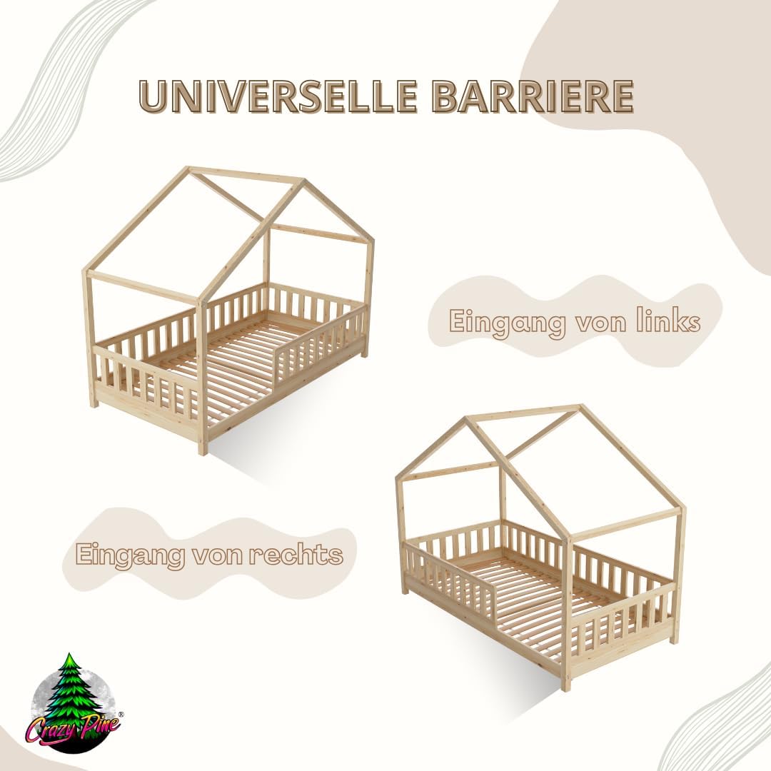 Hausbett 120x200 cm – Kinderbett aus Naturholz mit Rausfallschutz – Montessori Bodenbett mit Höhenverstellbaren Beinen und Abnehmbarer Barriere - Crazy House