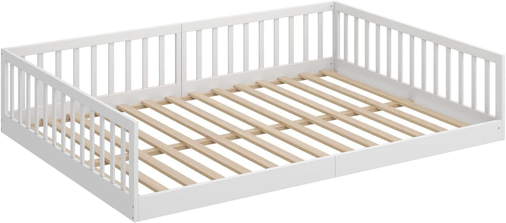 CADANI Timi Kinderbett 140x200 cm Bodenbett, Rausfallschutz abnehmbar, bis 200 kg belastbar, Roll-Lattenrost, Montessori Kiefer Massivholz Bett, 3 Aufbauvarianten, Umbaubar, Weiß