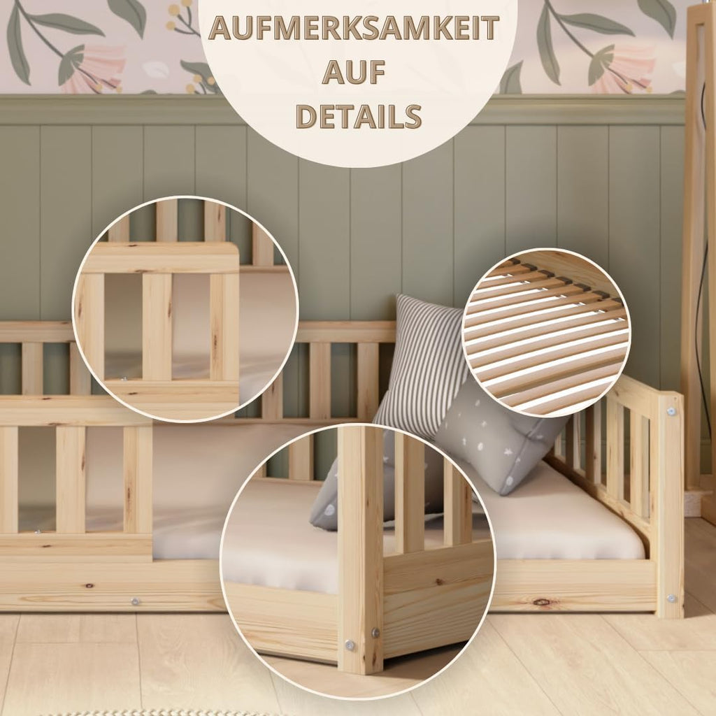 Kinderbett 140x200 cm – Massives Montessori Bodenbett aus Holz mit Rausfallschutz – Sicheres Kleinkindbett – Skandinavisches Design, Leichte Montage - Crazy Basic