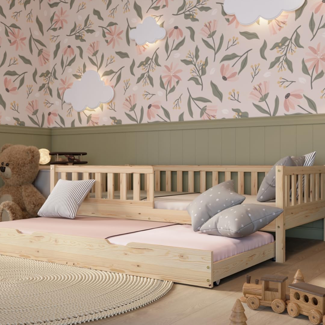 Kinderbett 140x200 cm – Massives Montessori Bodenbett aus Holz mit Rausfallschutz – Sicheres Kleinkindbett – Skandinavisches Design, Leichte Montage - Crazy Basic
