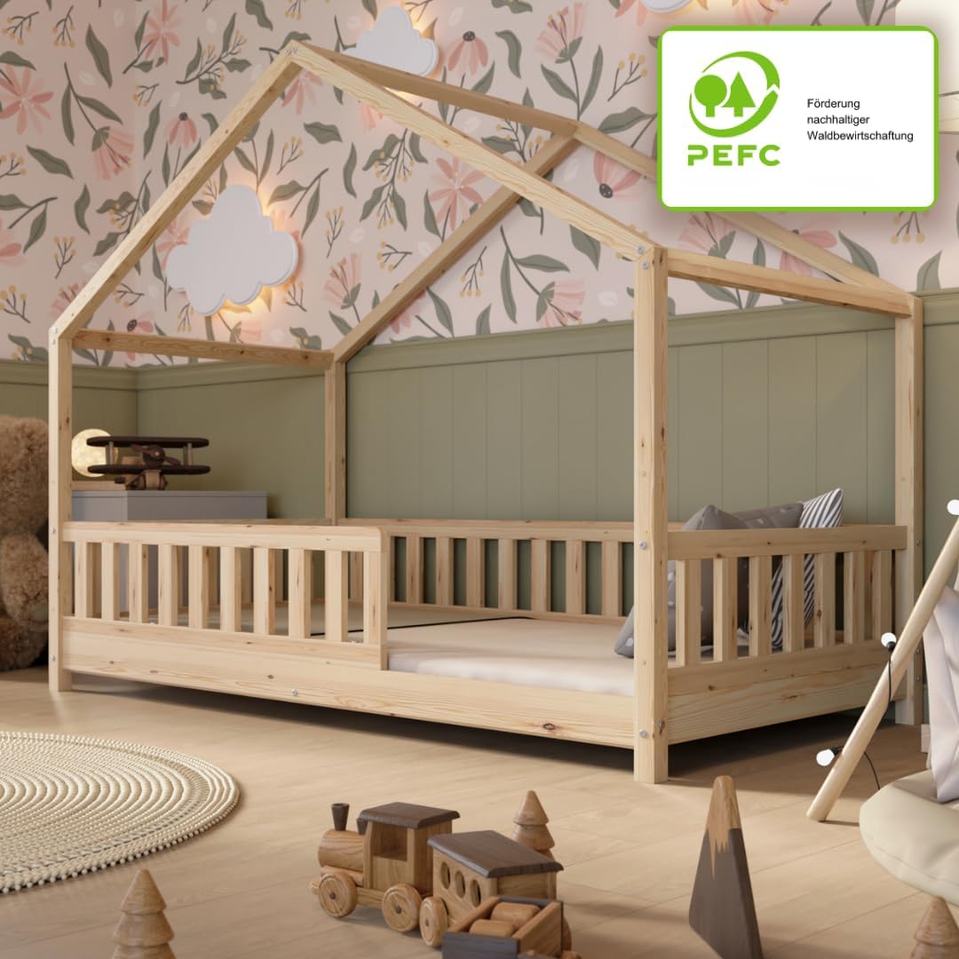 Hausbett 120x200 cm – Kinderbett aus Naturholz mit Rausfallschutz – Montessori Bodenbett mit Höhenverstellbaren Beinen und Abnehmbarer Barriere - Crazy House