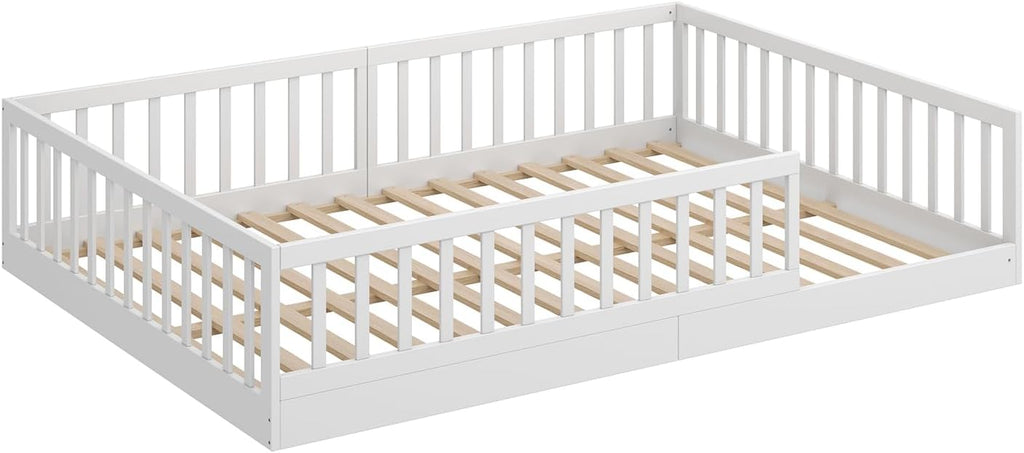 CADANI Timi Kinderbett 140x200 cm Bodenbett, Rausfallschutz abnehmbar, bis 200 kg belastbar, Roll-Lattenrost, Montessori Kiefer Massivholz Bett, 3 Aufbauvarianten, Umbaubar, Weiß