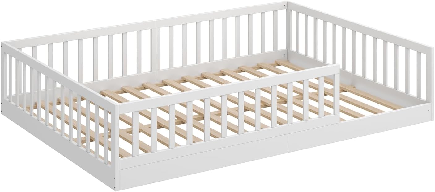 CADANI Timi Kinderbett 140x200 cm Bodenbett, Rausfallschutz abnehmbar, bis 200 kg belastbar, Roll-Lattenrost, Montessori Kiefer Massivholz Bett, 3 Aufbauvarianten, Umbaubar, Weiß