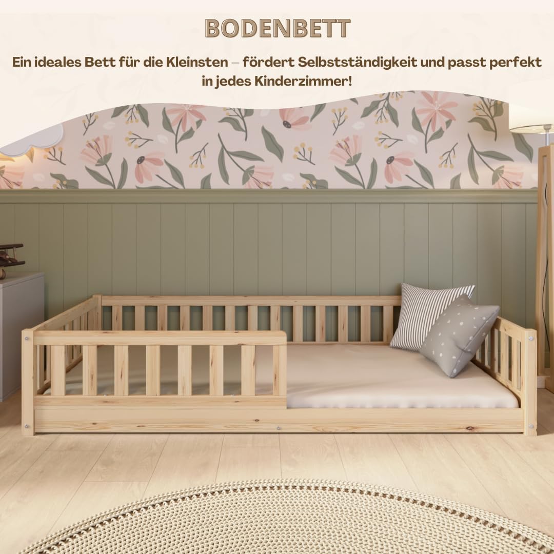 Kinderbett 140x200 cm – Massives Montessori Bodenbett aus Holz mit Rausfallschutz – Sicheres Kleinkindbett – Skandinavisches Design, Leichte Montage - Crazy Basic