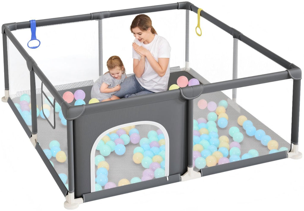 Dripex Laufstall Baby, Großes Laufgitter Baby faltbar für 2-3 Kinder, Indoor & Outdoor laufgitter & -Ställe mit atmungsaktivem Netz & 5 Pull-up Rings, 120x180cm, Hellgrau