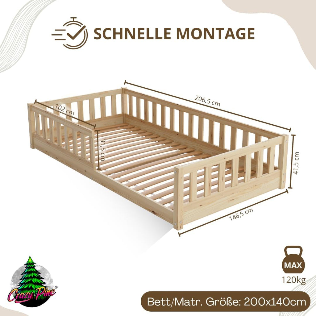 Kinderbett 140x200 cm – Massives Montessori Bodenbett aus Holz mit Rausfallschutz – Sicheres Kleinkindbett – Skandinavisches Design, Leichte Montage - Crazy Basic