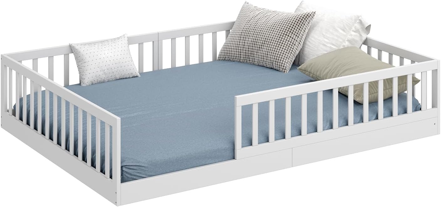 CADANI Timi Kinderbett 140x200 cm Bodenbett, Rausfallschutz abnehmbar, bis 200 kg belastbar, Roll-Lattenrost, Montessori Kiefer Massivholz Bett, 3 Aufbauvarianten, Umbaubar, Weiß