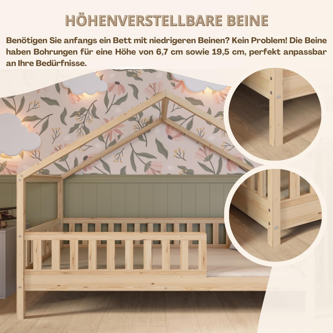 Hausbett 120x200 cm – Kinderbett aus Naturholz mit Rausfallschutz – Montessori Bodenbett mit Höhenverstellbaren Beinen und Abnehmbarer Barriere - Crazy House