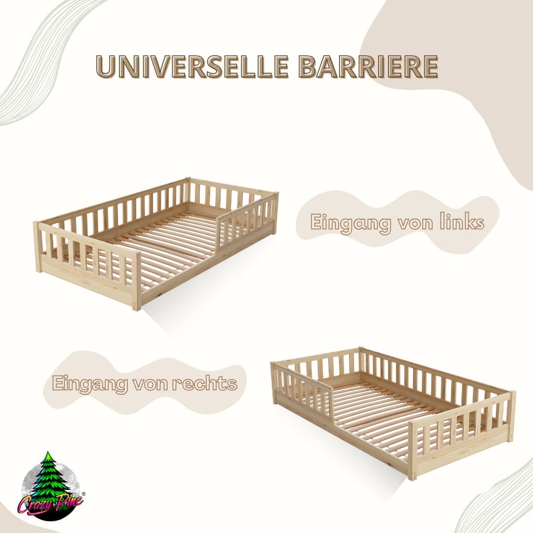 Kinderbett 140x200 cm – Massives Montessori Bodenbett aus Holz mit Rausfallschutz – Sicheres Kleinkindbett – Skandinavisches Design, Leichte Montage - Crazy Basic