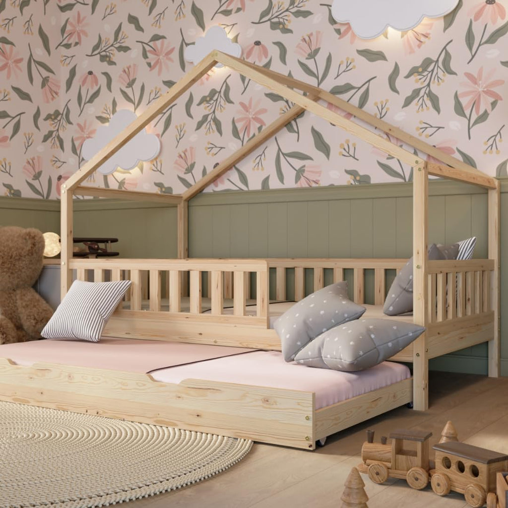Hausbett 120x200 cm – Kinderbett aus Naturholz mit Rausfallschutz – Montessori Bodenbett mit Höhenverstellbaren Beinen und Abnehmbarer Barriere - Crazy House