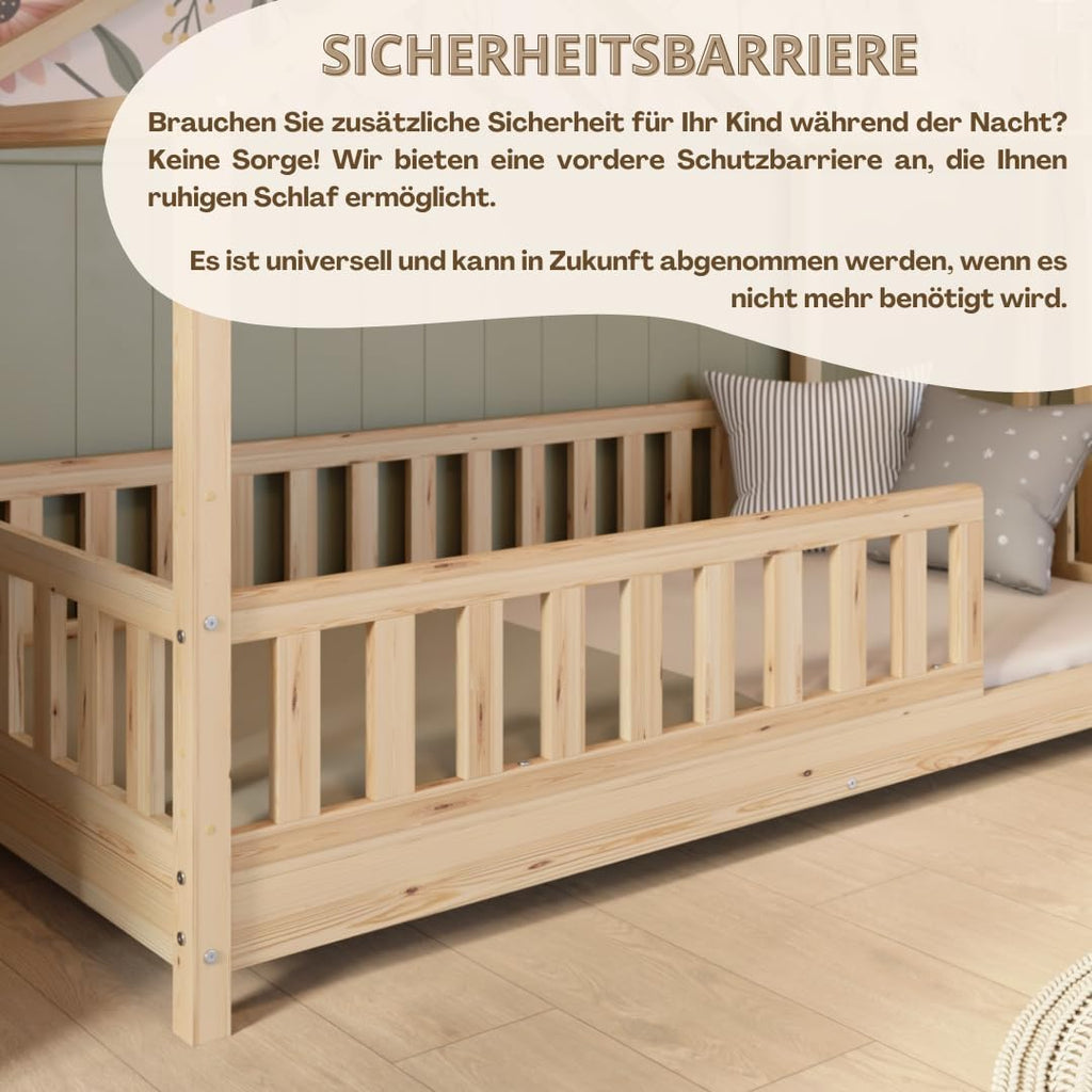 Hausbett 120x200 cm – Kinderbett aus Naturholz mit Rausfallschutz – Montessori Bodenbett mit Höhenverstellbaren Beinen und Abnehmbarer Barriere - Crazy House