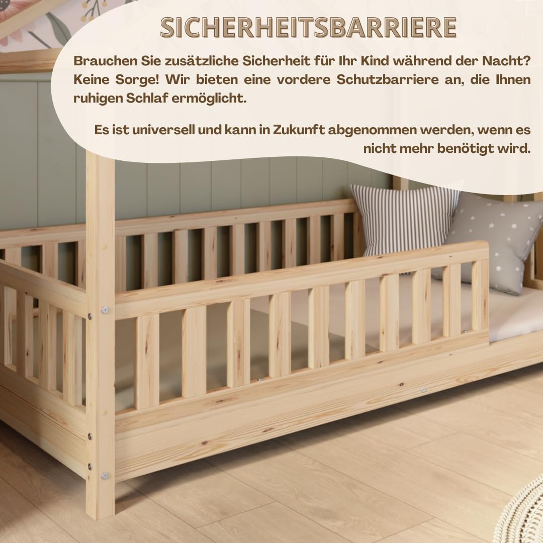 Hausbett 120x200 cm – Kinderbett aus Naturholz mit Rausfallschutz – Montessori Bodenbett mit Höhenverstellbaren Beinen und Abnehmbarer Barriere - Crazy House