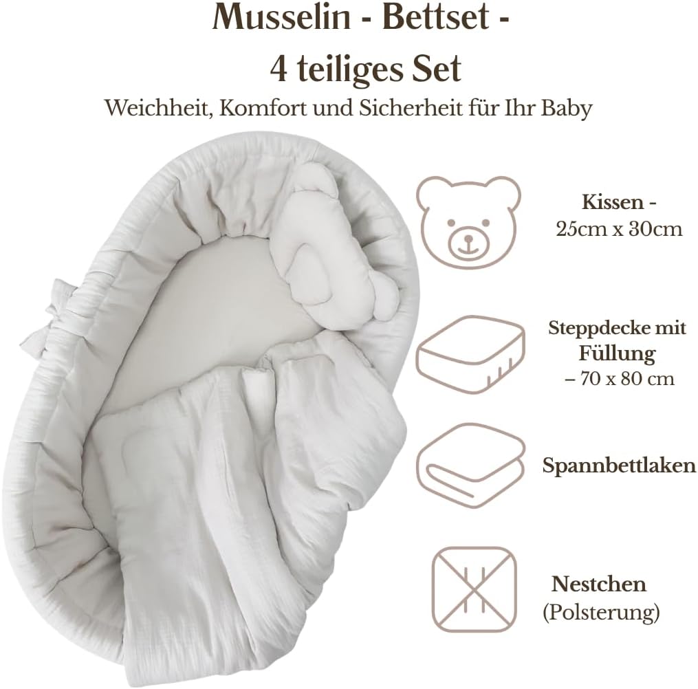Stubenwagen Baby mit Rollen & Bremse – Moseskorb aus Naturweide inkl. Matratze & Beige Bettwäsche aus 100% Baumwolle – sicher & mobil – Modell Amelia