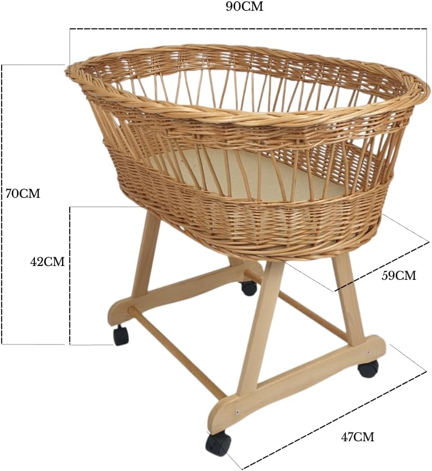 Stubenwagen Baby mit Rollen & Bremse – Moseskorb aus Naturweide inkl. Matratze & Beige Bettwäsche aus 100% Baumwolle – sicher & mobil – Modell Amelia