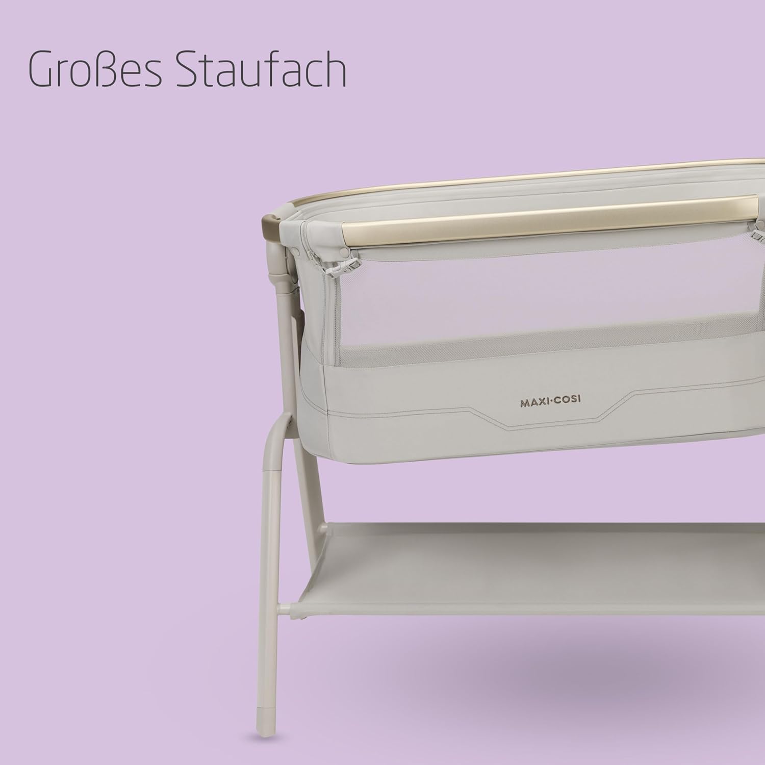 Maxi Cosi Iora² Baby Stubenbett, 0–6 kg (9 kg), Klappbares und Leichtes Beistellbett Baby, 5 cm CloudCore-Matratze, 5 Höhenstufen, 2 Leichtgängige Rollen, Easy Slide, Elegance Beige