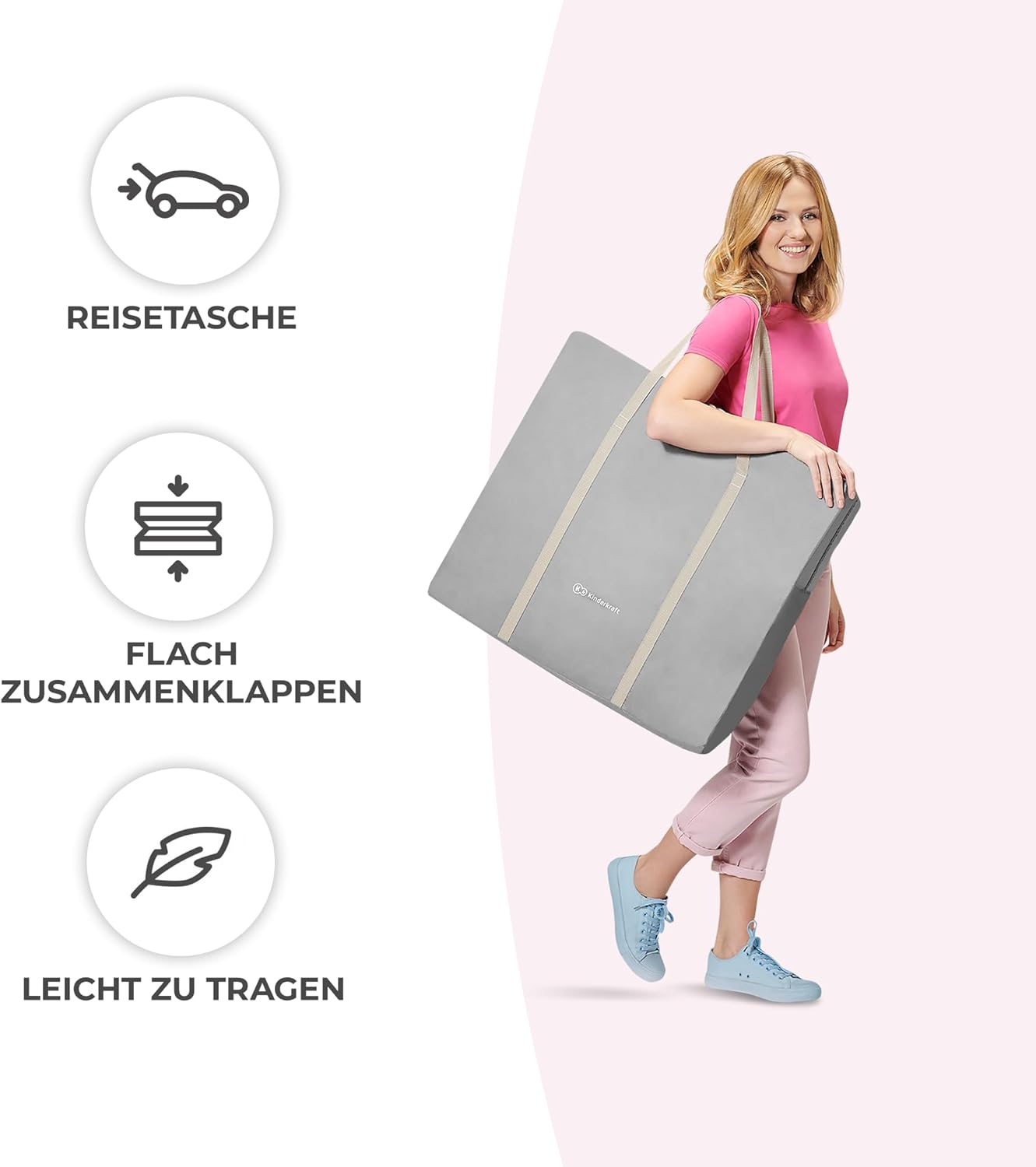 kk Kinderkraft Kinderkraft Kinderbett 3 in 1 lOVI, Kinderreisebett, Stubenwagen, Babywiege, Baby Wippe, Zusammenklappbar, Einfach Transport, mit Zubehör, Tasche, Moskitonetz,von Geburt bis 9 kg, Grau