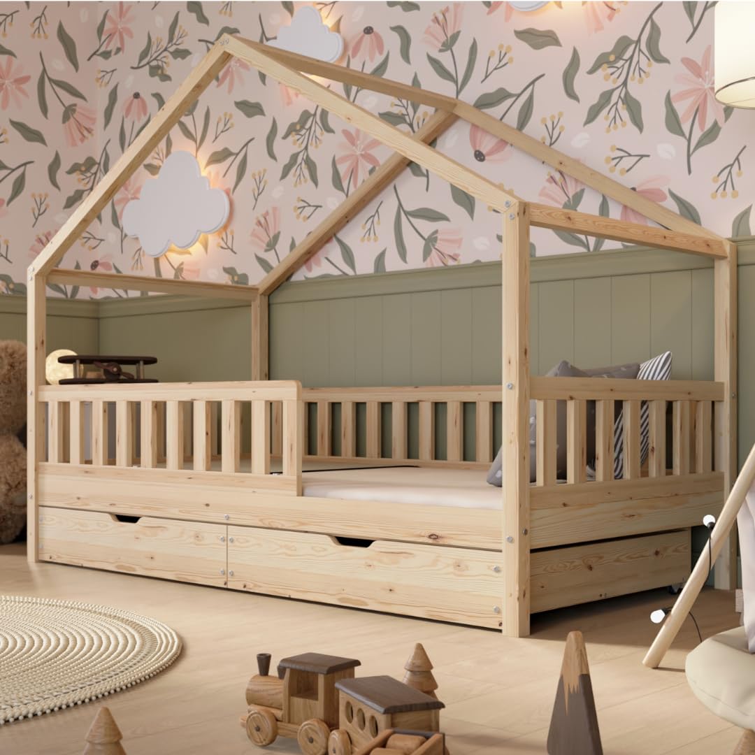 Hausbett 120x200 cm – Kinderbett aus Naturholz mit Rausfallschutz – Montessori Bodenbett mit Höhenverstellbaren Beinen und Abnehmbarer Barriere - Crazy House