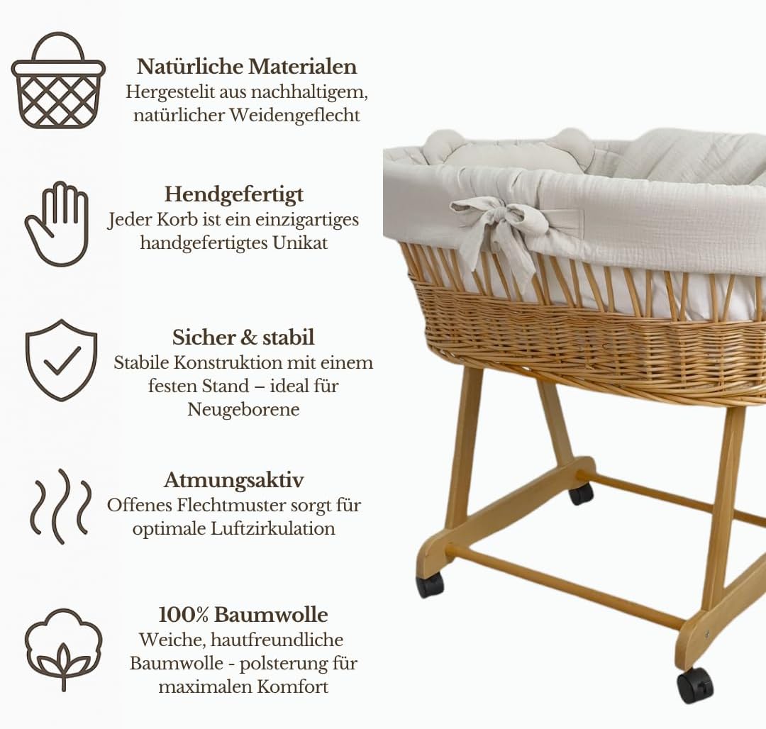 Stubenwagen Baby mit Rollen & Bremse – Moseskorb aus Naturweide inkl. Matratze & Beige Bettwäsche aus 100% Baumwolle – sicher & mobil – Modell Amelia