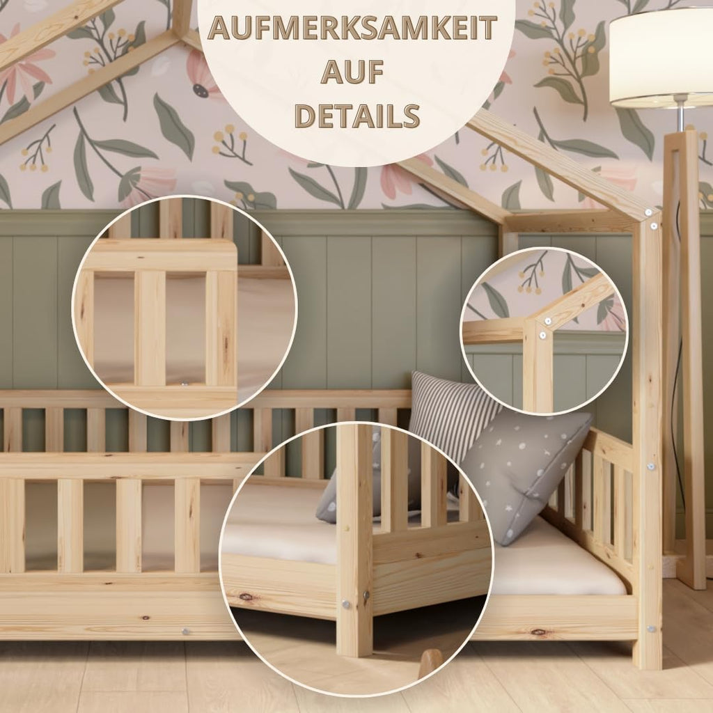 Hausbett 120x200 cm – Kinderbett aus Naturholz mit Rausfallschutz – Montessori Bodenbett mit Höhenverstellbaren Beinen und Abnehmbarer Barriere - Crazy House