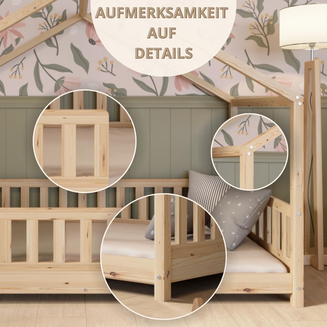 Hausbett 120x200 cm – Kinderbett aus Naturholz mit Rausfallschutz – Montessori Bodenbett mit Höhenverstellbaren Beinen und Abnehmbarer Barriere - Crazy House