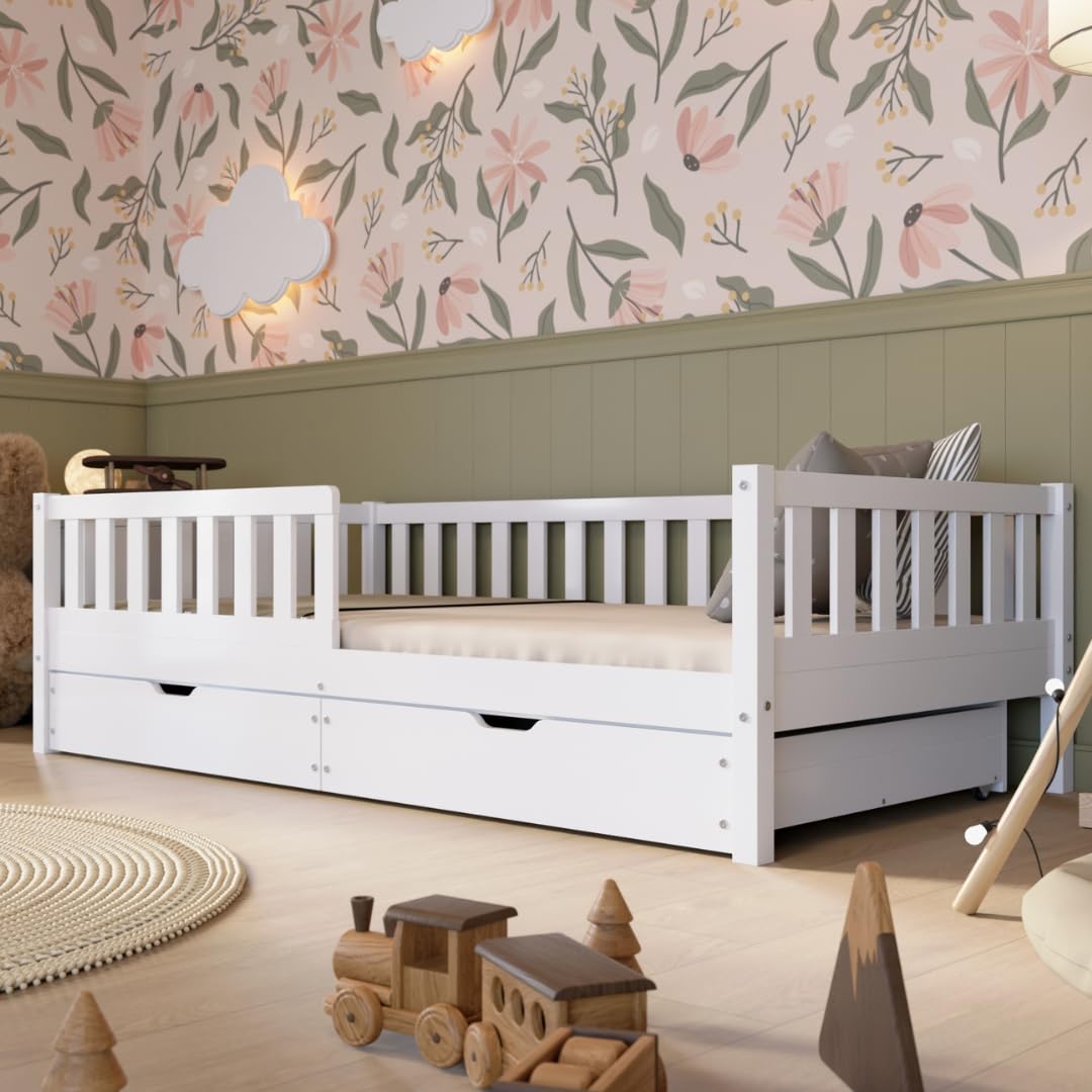 Kinderbett 140x200 cm – Massives Montessori Bodenbett aus Holz mit Rausfallschutz – Sicheres Kleinkindbett – Skandinavisches Design, Leichte Montage - Crazy Basic