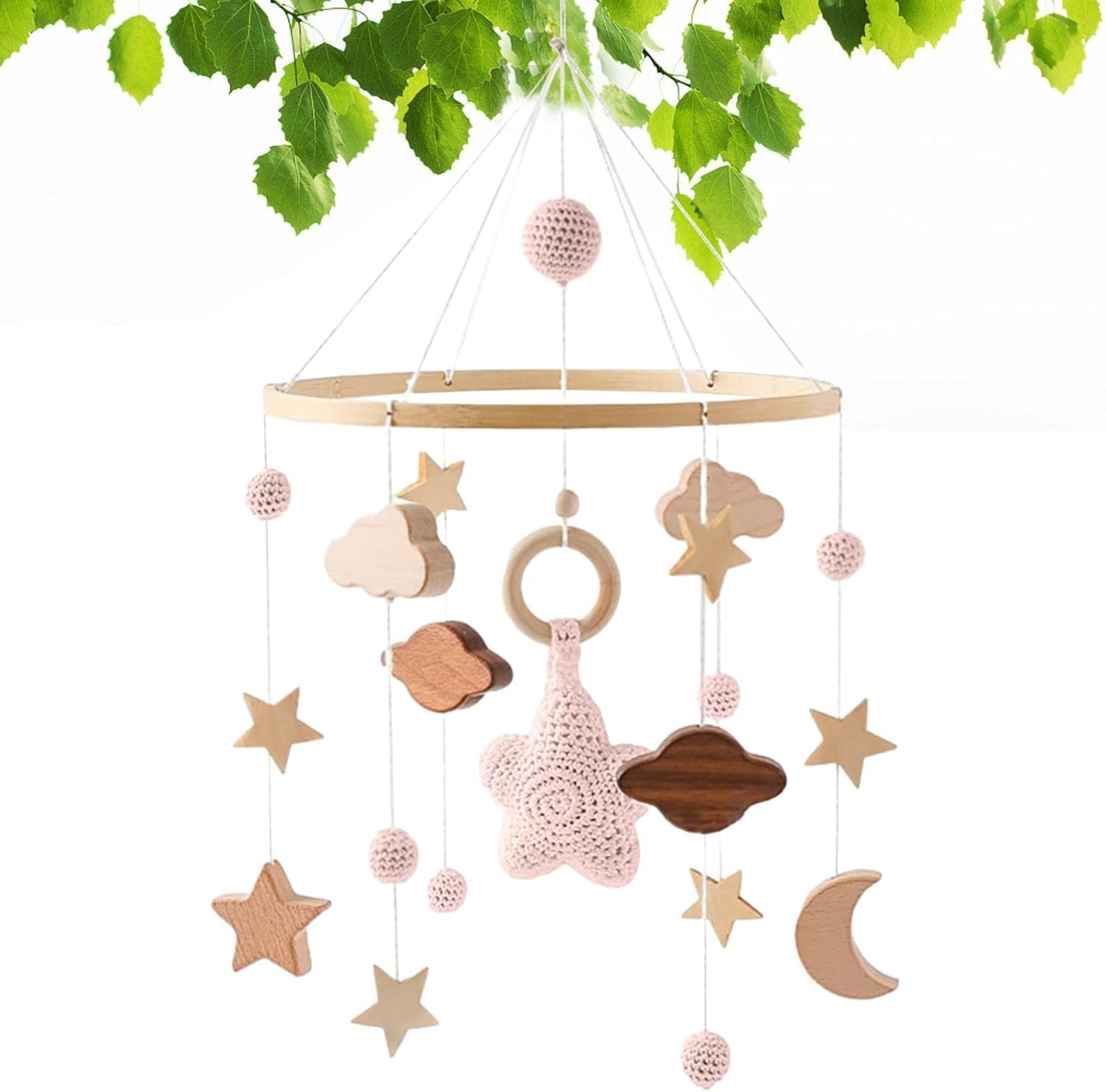 Mobile für Stubenwagen, Childbett Kinderzimmer Mobile für Jungen und Mädchen, Holzperle Bettanhänger Filzkugel Kinderzimmer Wohnzimmer Dekoration Geschenk für Jungen