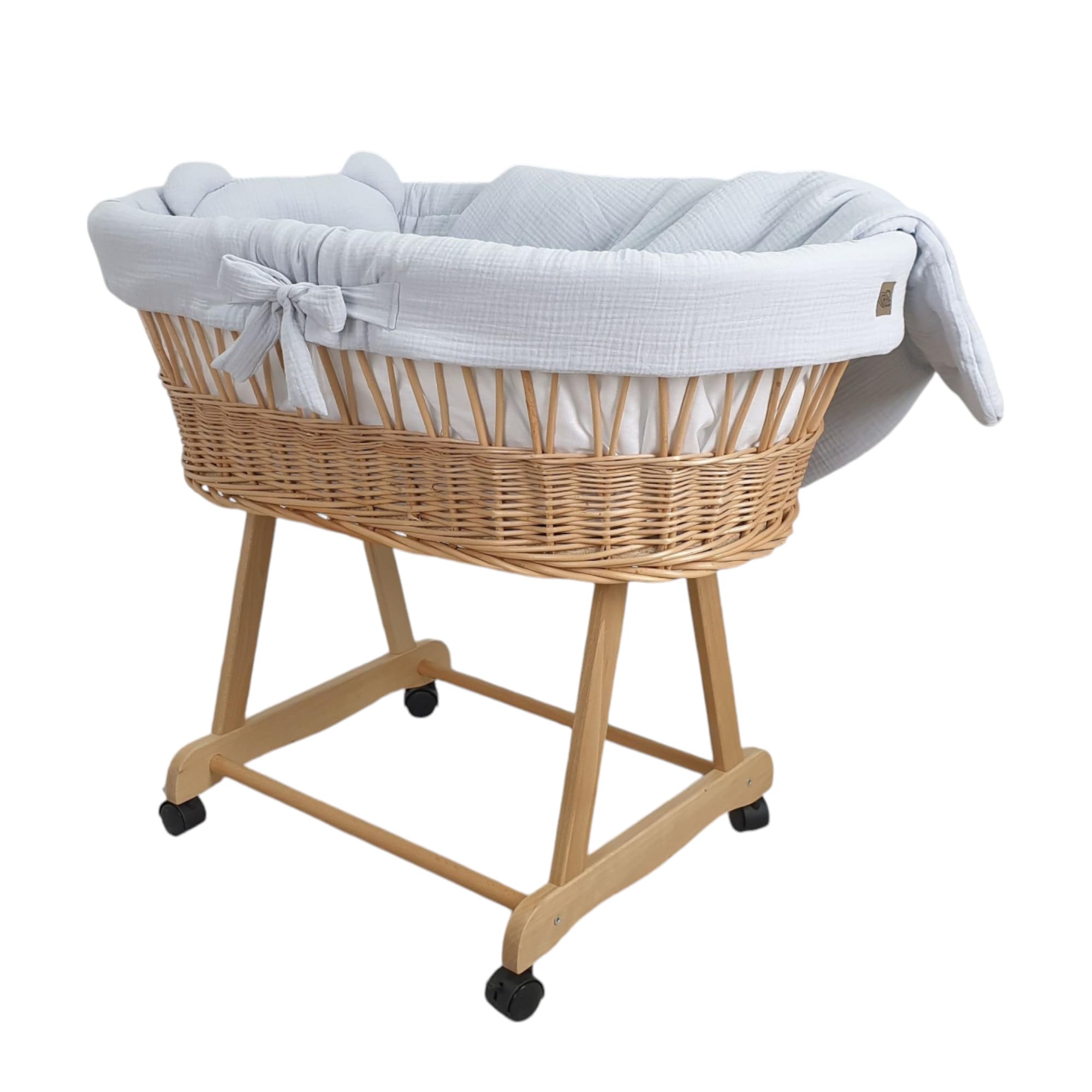 Stubenwagen Baby mit Rollen & Bremse – Moseskorb aus Naturweide inkl. Matratze & Beige Bettwäsche aus 100% Baumwolle – sicher & mobil – Modell Amelia