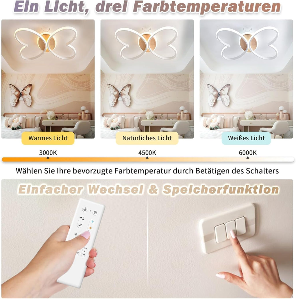 LED Deckenleuchte Schlafzimmer, 58CM Deckenlampe Kinderzimmer Dimmbar mit Fernbedienung 3000K-6000K, 58W Kreativen Schmetterling Kinderzimmer Lampe Decke für Schlafzimmer Wohnzimmer