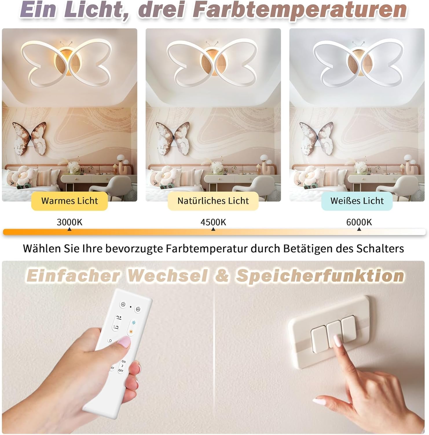 LED Deckenleuchte Schlafzimmer, 58CM Deckenlampe Kinderzimmer Dimmbar mit Fernbedienung 3000K-6000K, 58W Kreativen Schmetterling Kinderzimmer Lampe Decke für Schlafzimmer Wohnzimmer