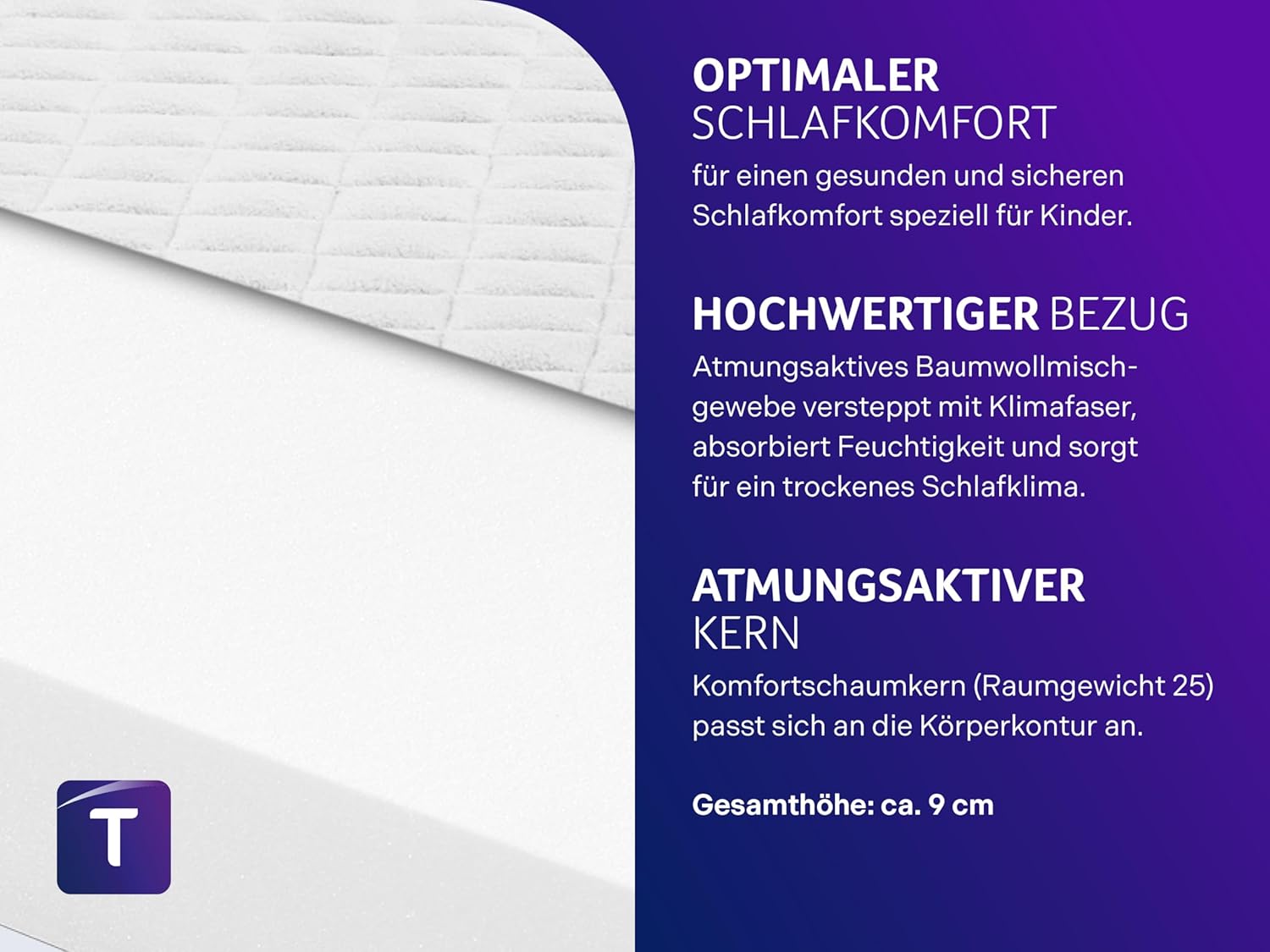 Traumnacht BT Kiddy Kindermatratze Pure, 80 x 160 cm, Schadstoffgeprüft nach Öko-Tex Standard 100, hautfreundlicher Bezug abnehmbar und waschbar, produziert nach deutschem Qualitätsstandard