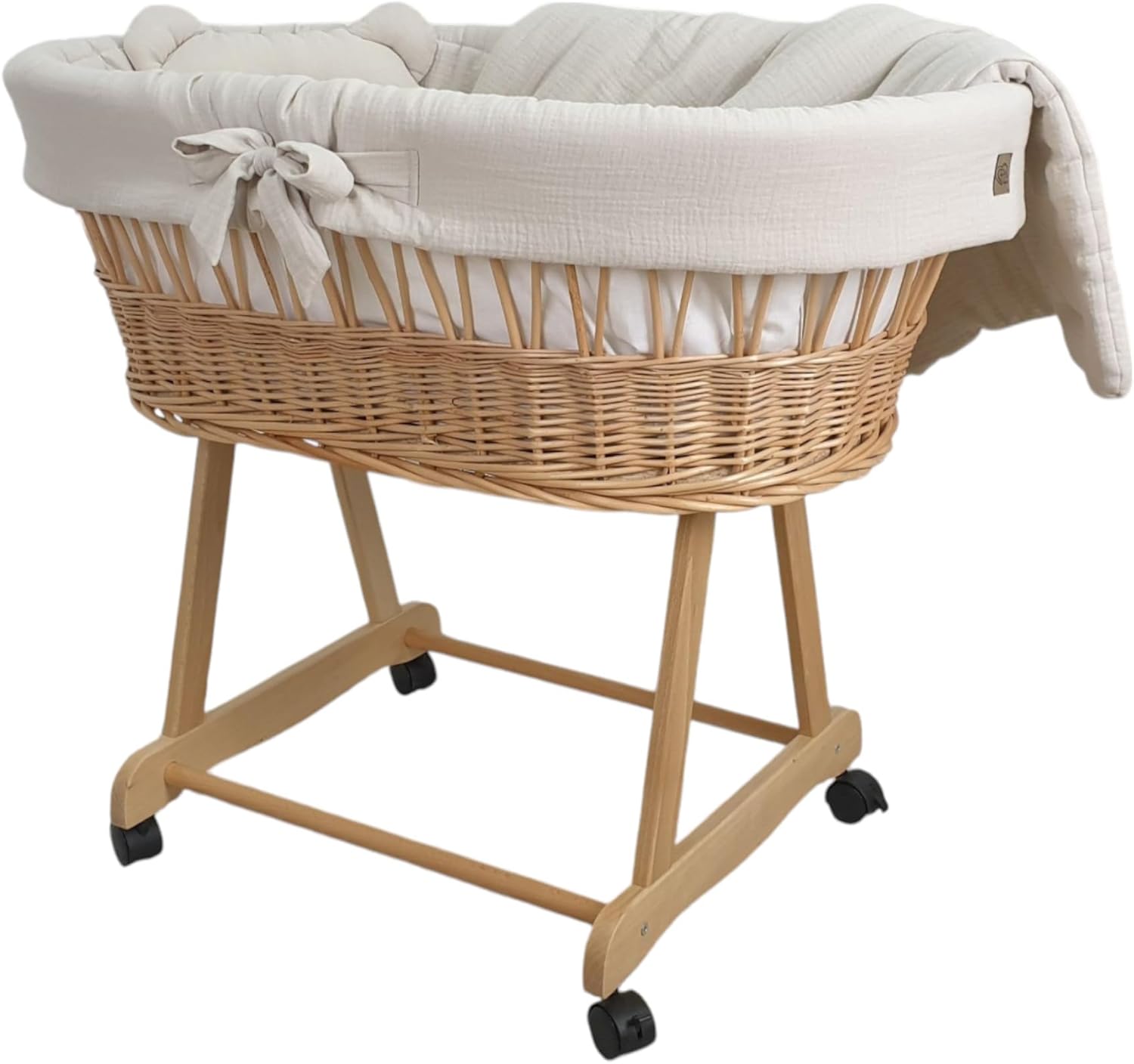 Stubenwagen Baby mit Rollen & Bremse – Moseskorb aus Naturweide inkl. Matratze & Beige Bettwäsche aus 100% Baumwolle – sicher & mobil – Modell Amelia