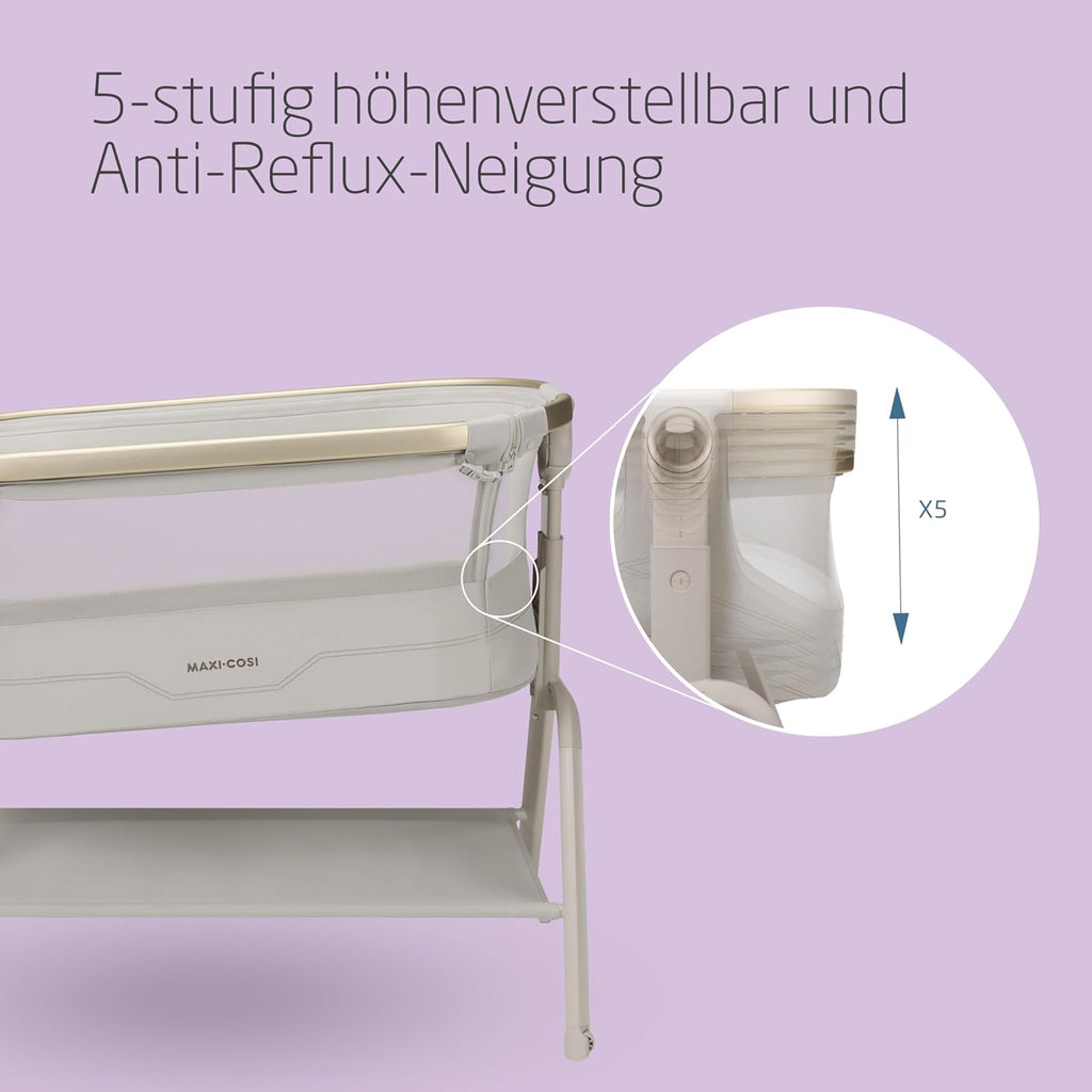 Maxi Cosi Iora² Baby Stubenbett, 0–6 kg (9 kg), Klappbares und Leichtes Beistellbett Baby, 5 cm CloudCore-Matratze, 5 Höhenstufen, 2 Leichtgängige Rollen, Easy Slide, Elegance Beige