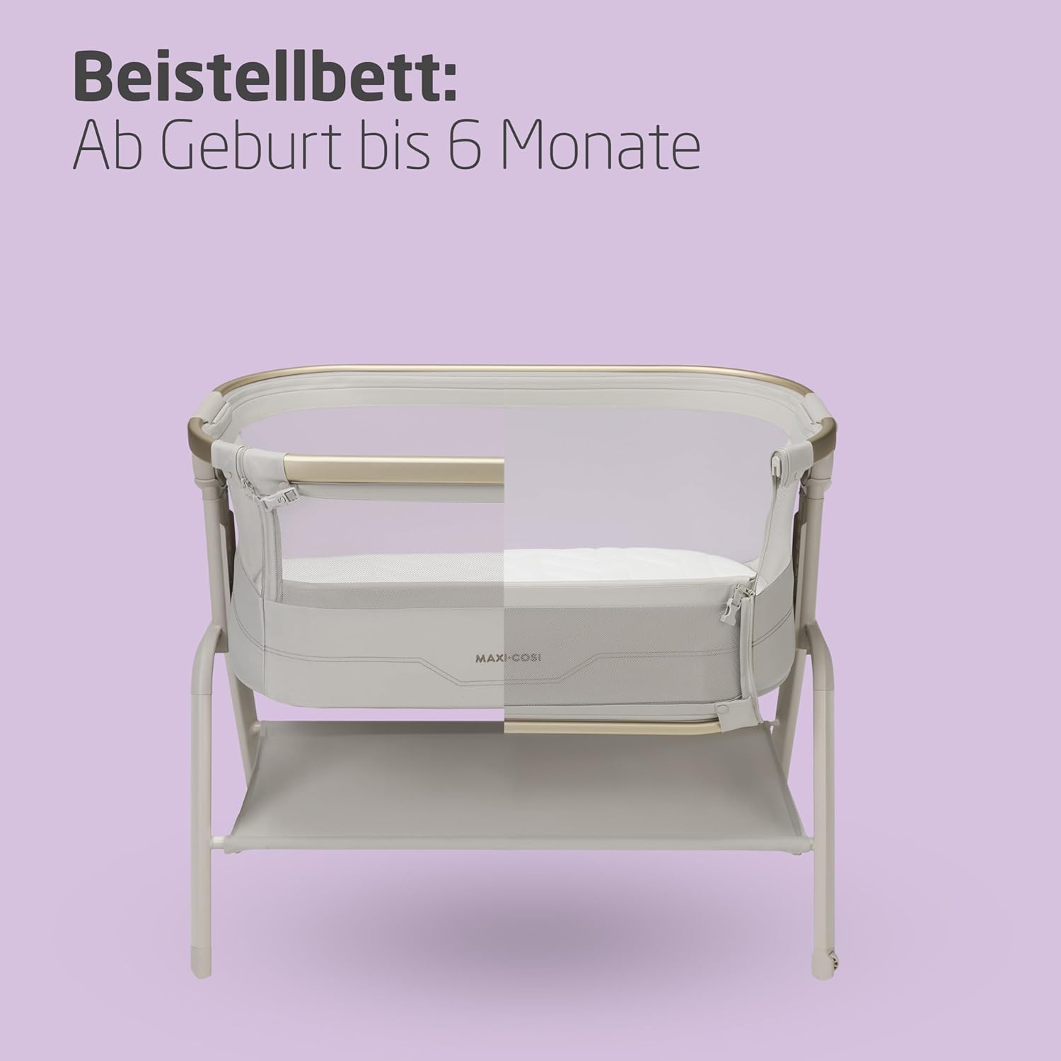 Maxi Cosi Iora² Baby Stubenbett, 0–6 kg (9 kg), Klappbares und Leichtes Beistellbett Baby, 5 cm CloudCore-Matratze, 5 Höhenstufen, 2 Leichtgängige Rollen, Easy Slide, Elegance Beige