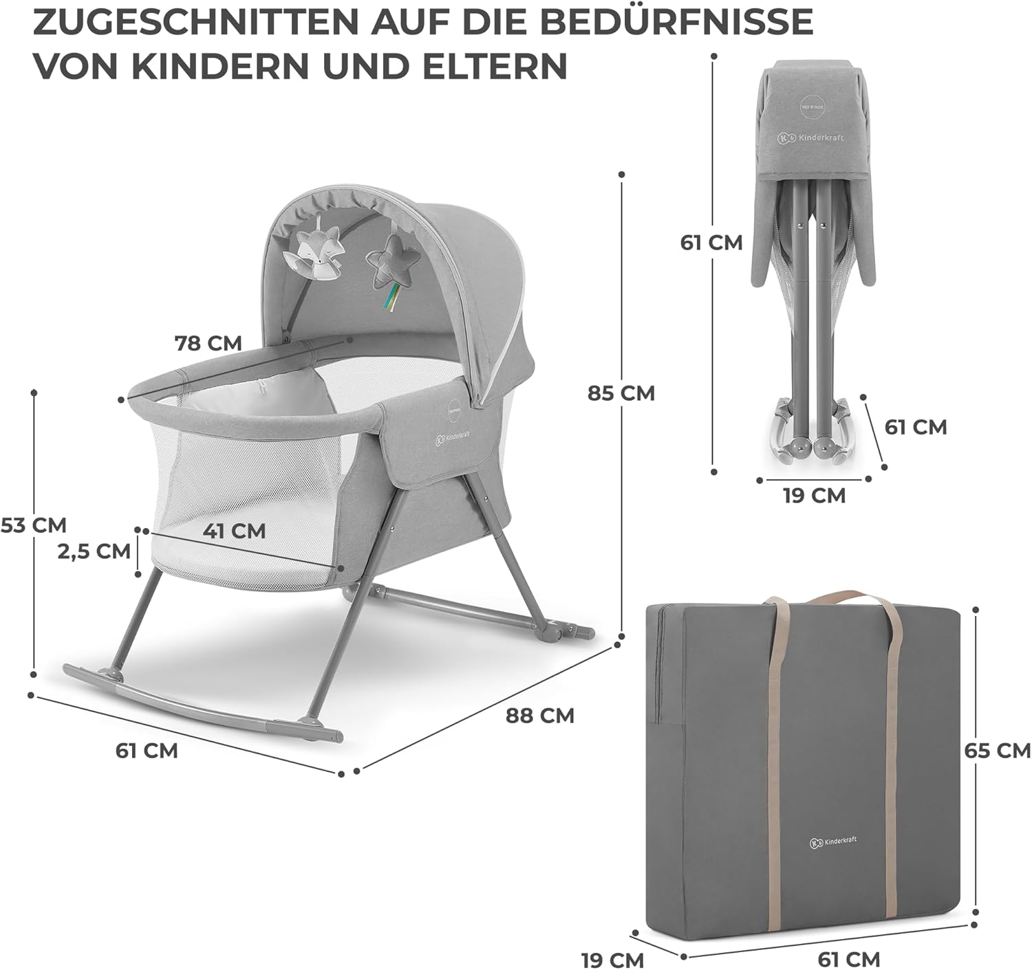kk Kinderkraft Kinderkraft Kinderbett 3 in 1 lOVI, Kinderreisebett, Stubenwagen, Babywiege, Baby Wippe, Zusammenklappbar, Einfach Transport, mit Zubehör, Tasche, Moskitonetz,von Geburt bis 9 kg, Grau