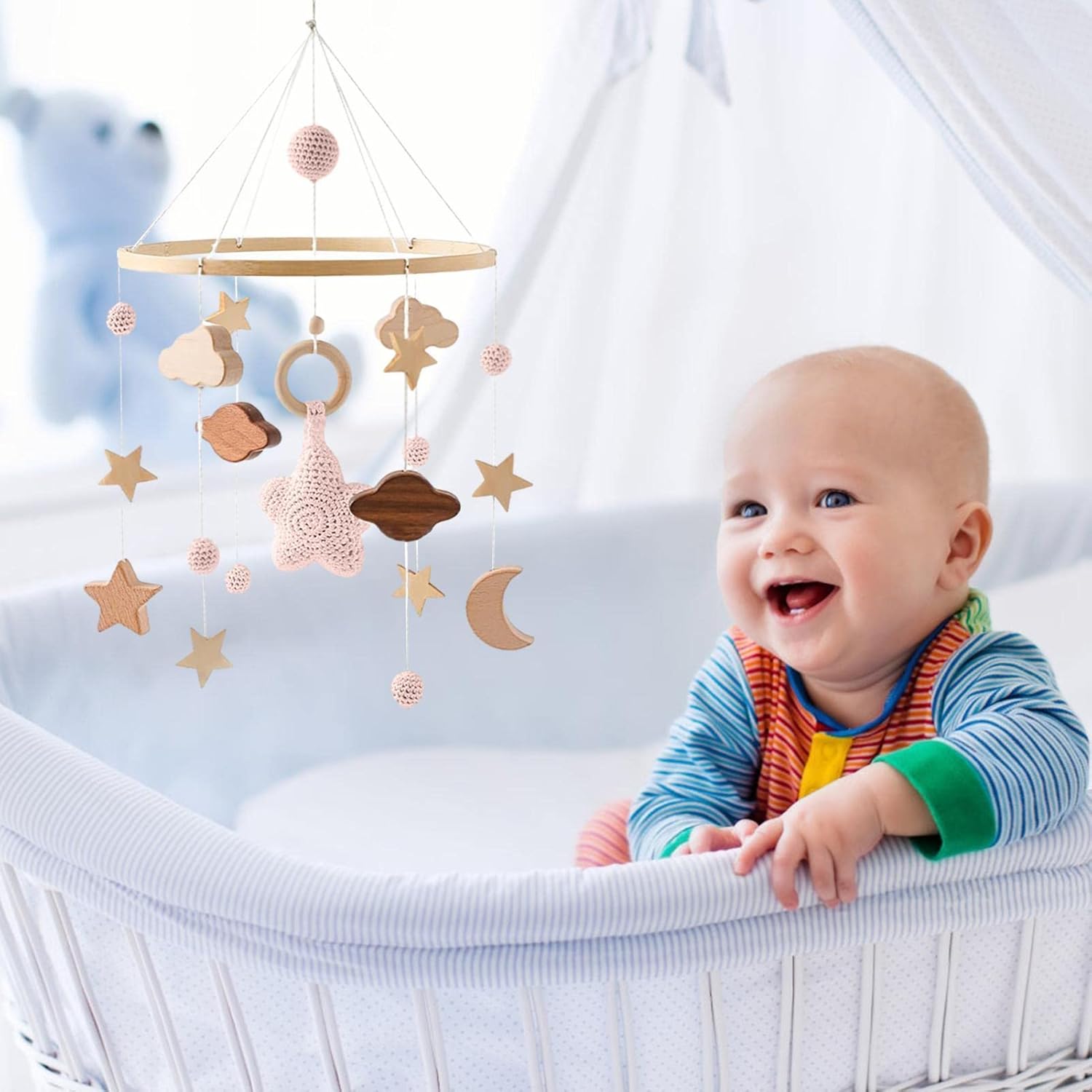 Mobile für Stubenwagen, Childbett Kinderzimmer Mobile für Jungen und Mädchen, Holzperle Bettanhänger Filzkugel Kinderzimmer Wohnzimmer Dekoration Geschenk für Jungen