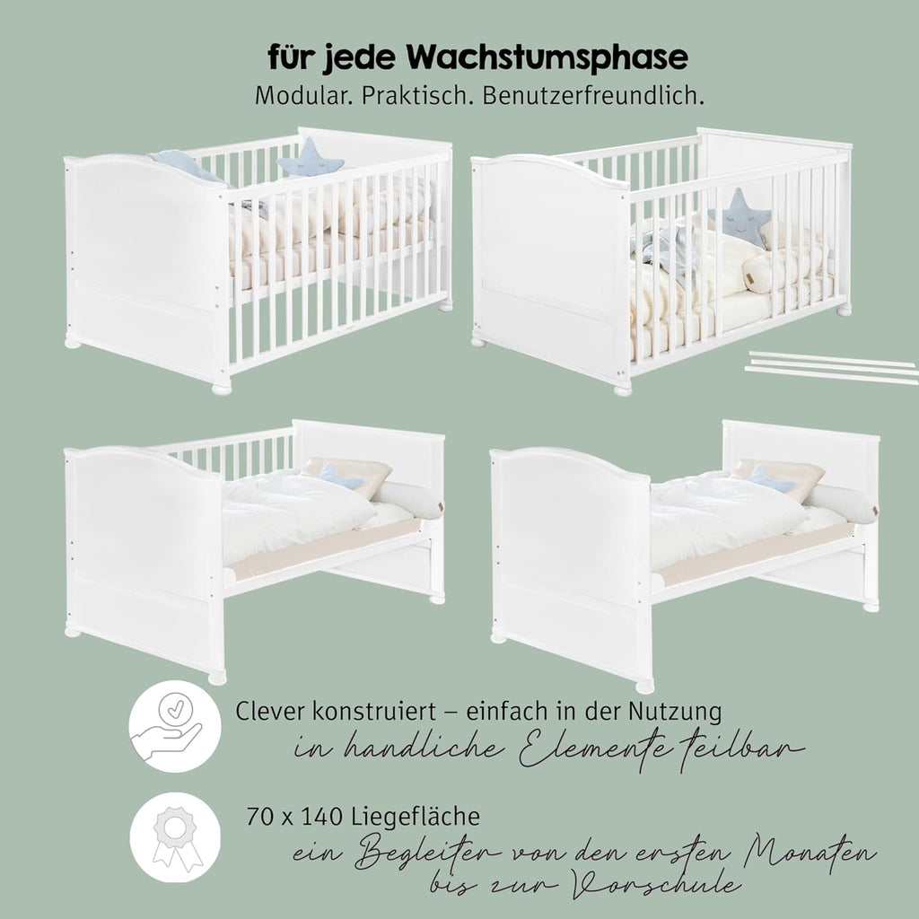 roba Babybett Set Little Stars - 70 x 140 cm - Kinderbett mitwachsend / umbaubar + komplette Textilien im Sterne Design - Höhenverstellbar - Holz weiß